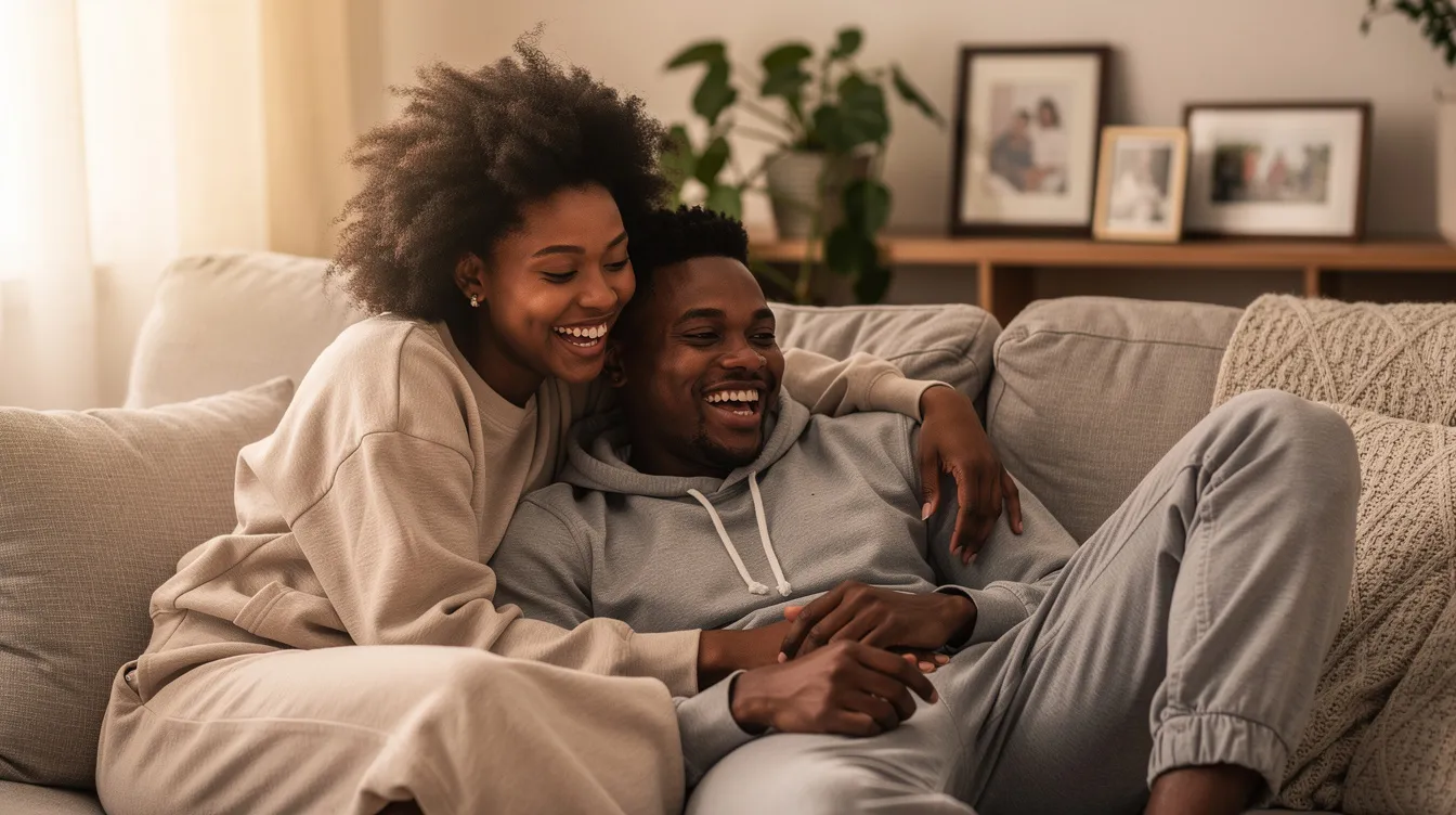 A black couple sits closely together, comfortably holding hands and sharing joyful smiles, embodying a healthy relationship built on self love and mutual respect. Their relaxed body language and eye contact reflect the importance of communication and emotional support in maintaining a lasting romantic relationship.