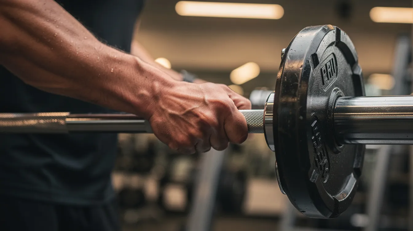 In een sportschool zijn handen bezig met het schuiven van kleine gewichtsschijven op een halterstang, wat een belangrijke stap is in krachttraining om progressieve overload toe te passen. Deze handeling helpt atleten om de intensiteit van hun training te verhogen en zo vooruitgang te boeken in spiergroei en krachttoename.