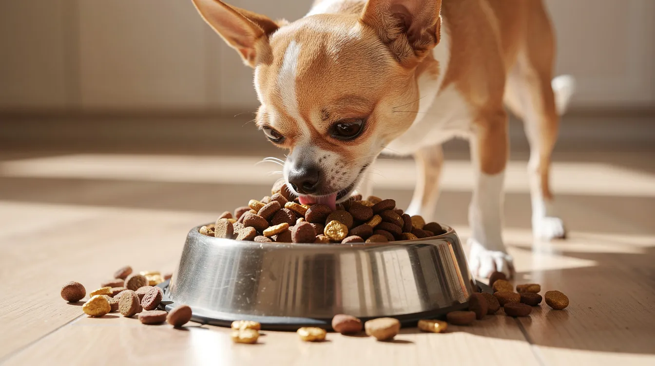 A small, smooth-coated Chihuahua puppy is happily eating high-quality kibble from a shiny dog bowl, showcasing its tiny body and playful personality. The scene captures the essence of this beloved toy breed, known for its affectionate nature and energetic behavior.