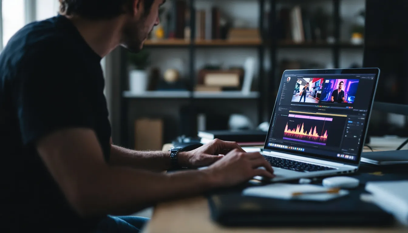 In the image, a user is engaged in editing a video on a computer using a free online video editor, showcasing customizable templates and features that allow for easy creation of stunning videos. The screen displays various editing tools, including options for adding sound effects, transitions, and captions to enhance the video content.