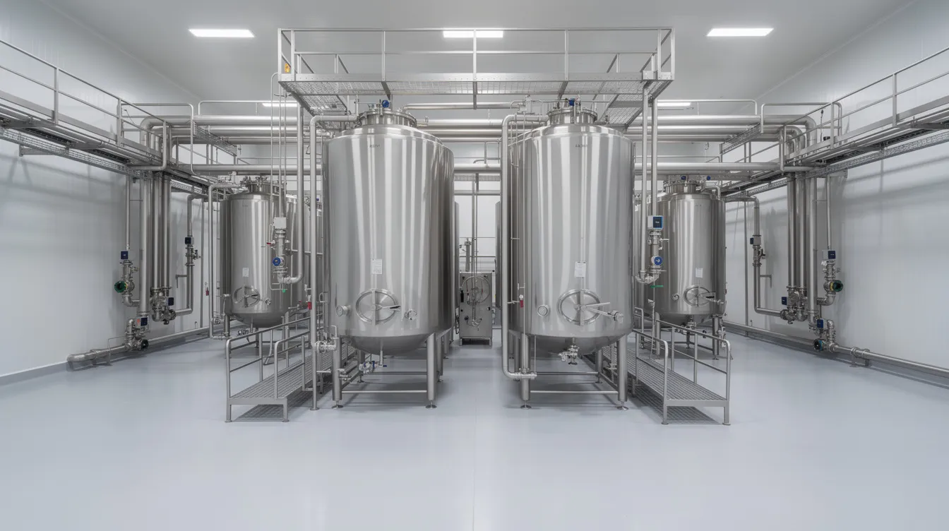 8d6cf302 fd5d 4e4f afc7 e07483cfdc87 The image depicts the interior of a large food-grade stainless steel processing plant, showcasing various tanks and intricate piping systems essential for glucose production. This facility is designed for the manufacturing of maize-based liquid glucose, highlighting key unit operations involved in the production process and ensuring quality control in the food industry.