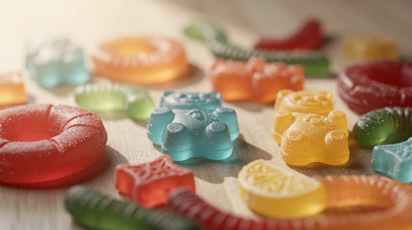 The image features a vibrant assortment of gummy candies arranged on a light wooden surface, illuminated by natural daylight, showcasing their colorful shapes and textures. These gummies could serve as a healthier alternative to alcoholic beverages, offering a fun way to unwind and manage stress without the negative effects associated with regular alcohol consumption.