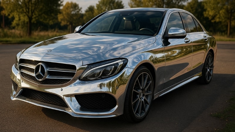 Car wrapped in mirror-like metallic wrap
