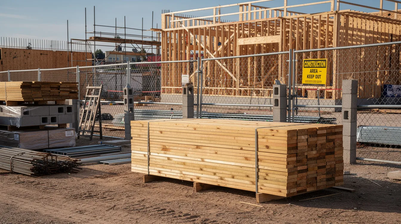 The image depicts a construction site with stacked lumber and various construction materials secured behind fencing, illustrating the organized setup typical of a job site. This scene highlights the importance of builder's risk insurance coverage to protect against potential property damage and unexpected events during the construction process.