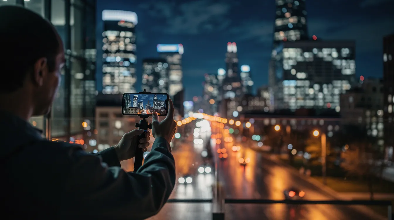 Eine Person hält ein iPhone auf einem kleinen Stativ und fotografiert die Stadtansicht bei Nacht, während die Straßenlaternen in einem warmen Licht leuchten. Die Aufnahme zeigt die beeindruckende Skyline und nutzt den Nachtmodus der iPhone Kamera für optimale Lichtverhältnisse.
