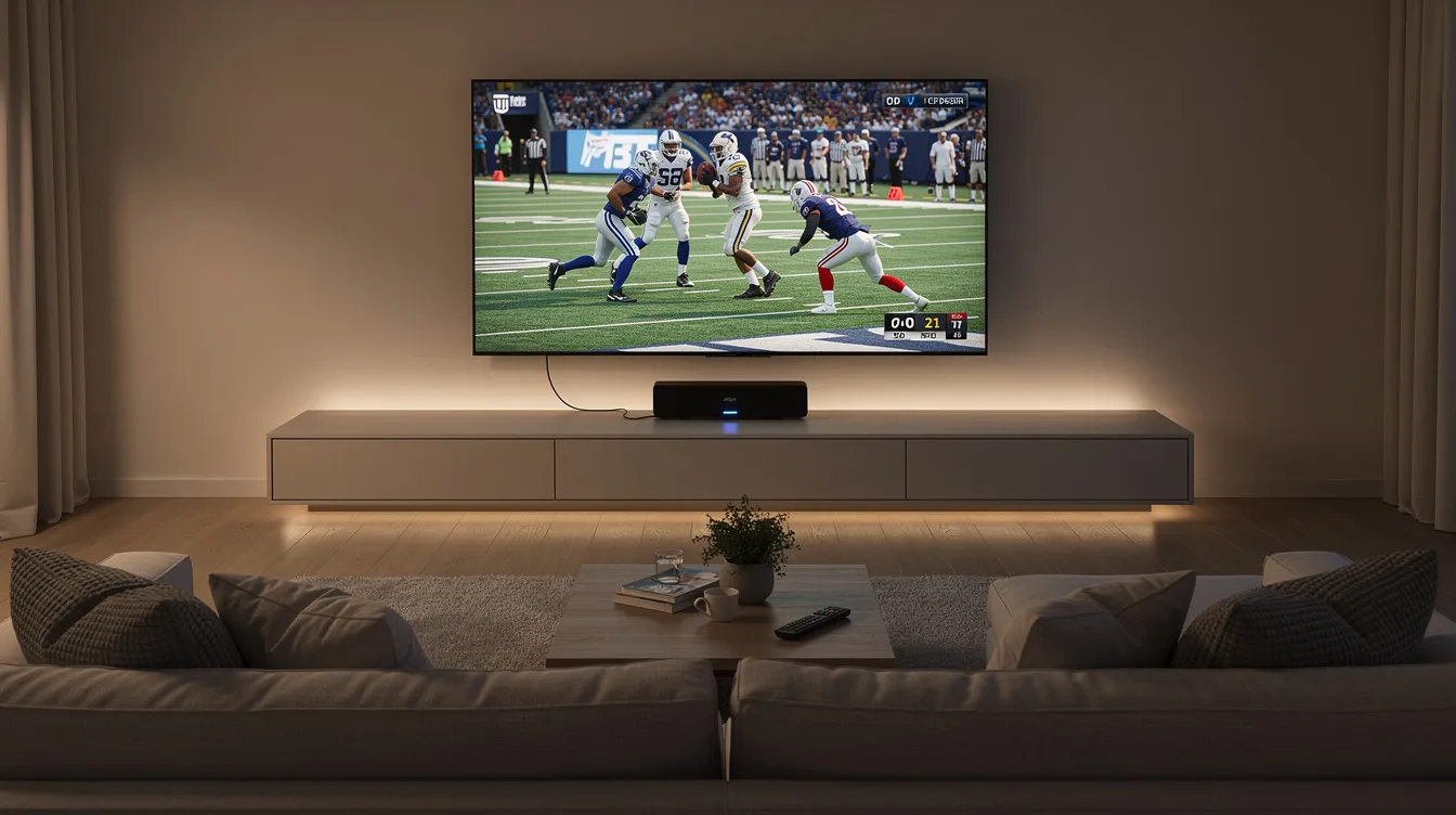 The image depicts a modern living room featuring a large television that is streaming a live football game, with a streaming device positioned nearby. This setup highlights the convenience of IPTV services for sports fans, offering access to major sports channels and live events in high-definition quality.