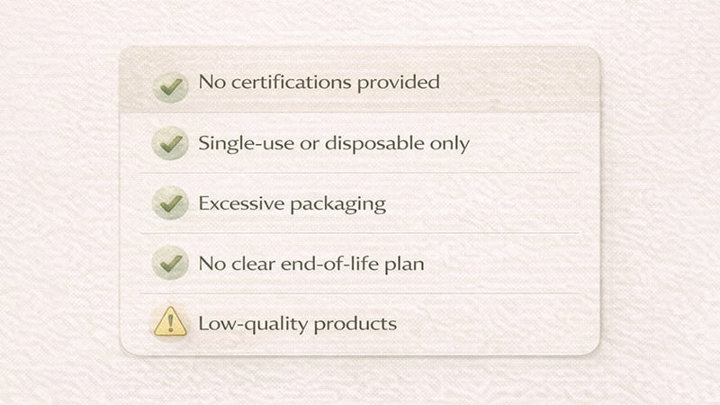 Greenwashing checklist highlighting red flags like no certifications, single-use items, excessive packaging, and low quality.