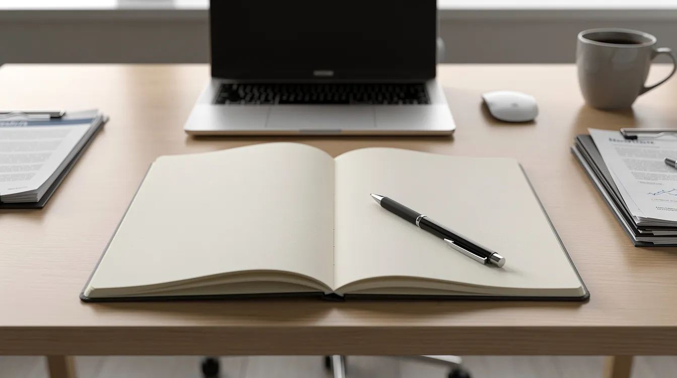 L'image montre un carnet de notes ouvert avec un stylo posé sur un bureau professionnel bien rangé, symbolisant l'organisation et la préparation nécessaires pour atteindre ses objectifs. Cet environnement de travail reflète l'importance d'un coaching professionnel pour les chefs d'entreprise souhaitant développer leurs compétences et surmonter les blocages dans leur activité.