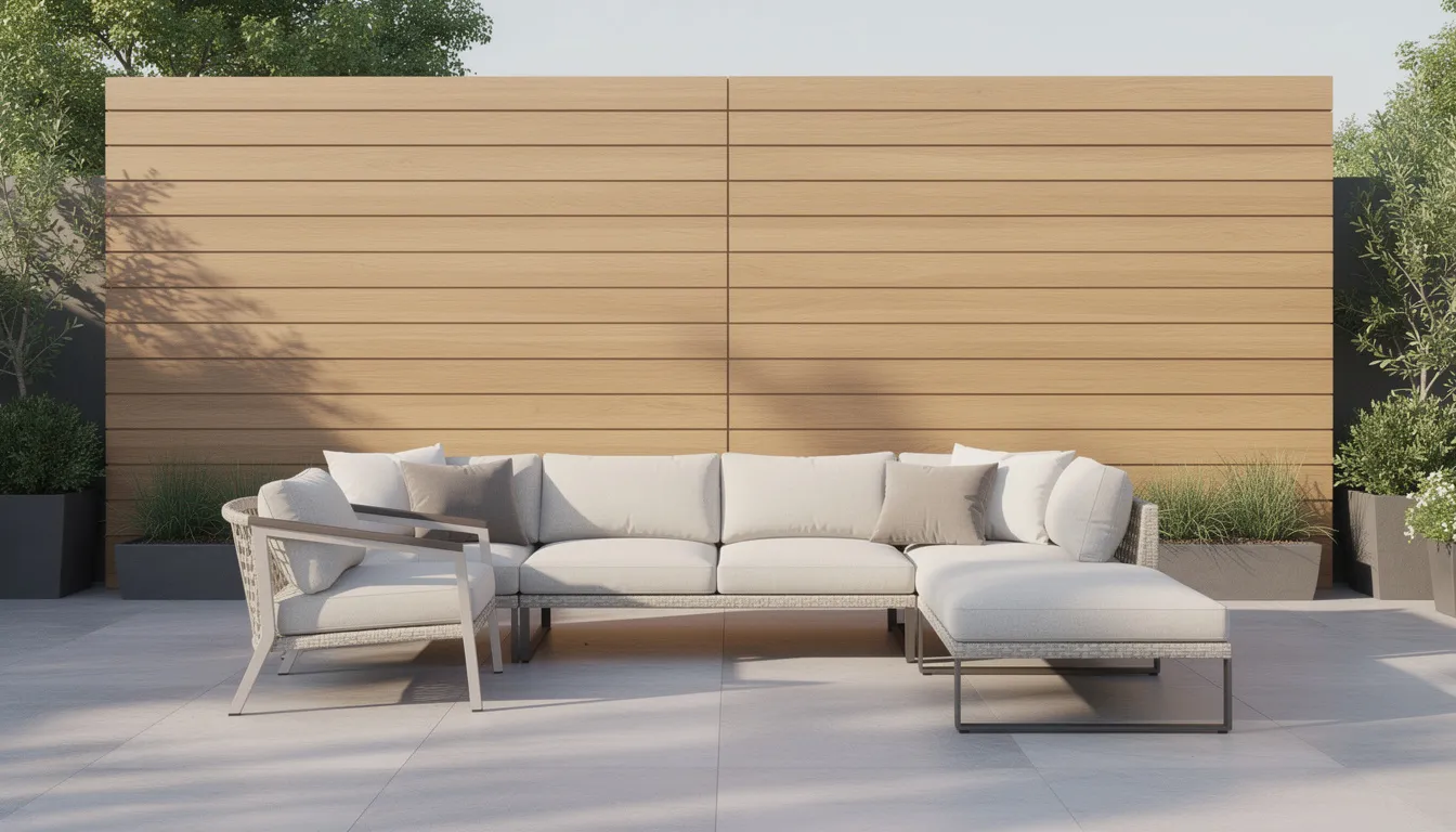 Een moderne achtertuin met stijlvolle wandpanelen in houtlook, die een luxe loungeset met zachte kussens omringt. De decoratieve wandpanelen zijn weerbestendig en bieden een strakke uitstraling, perfect voor het creëren van een gezellige buitenruimte.