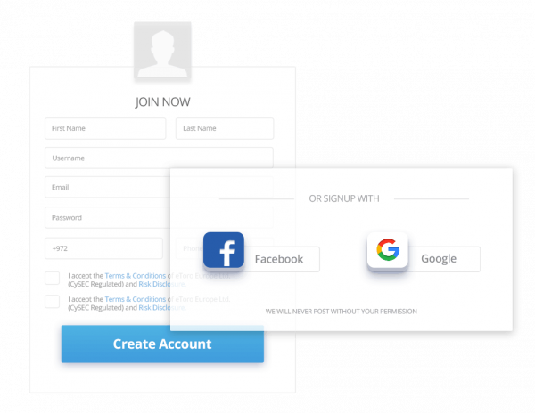 إنشاء حساب مع eToro من خلال بياناتFacebook  أو Google الخاصة بكم