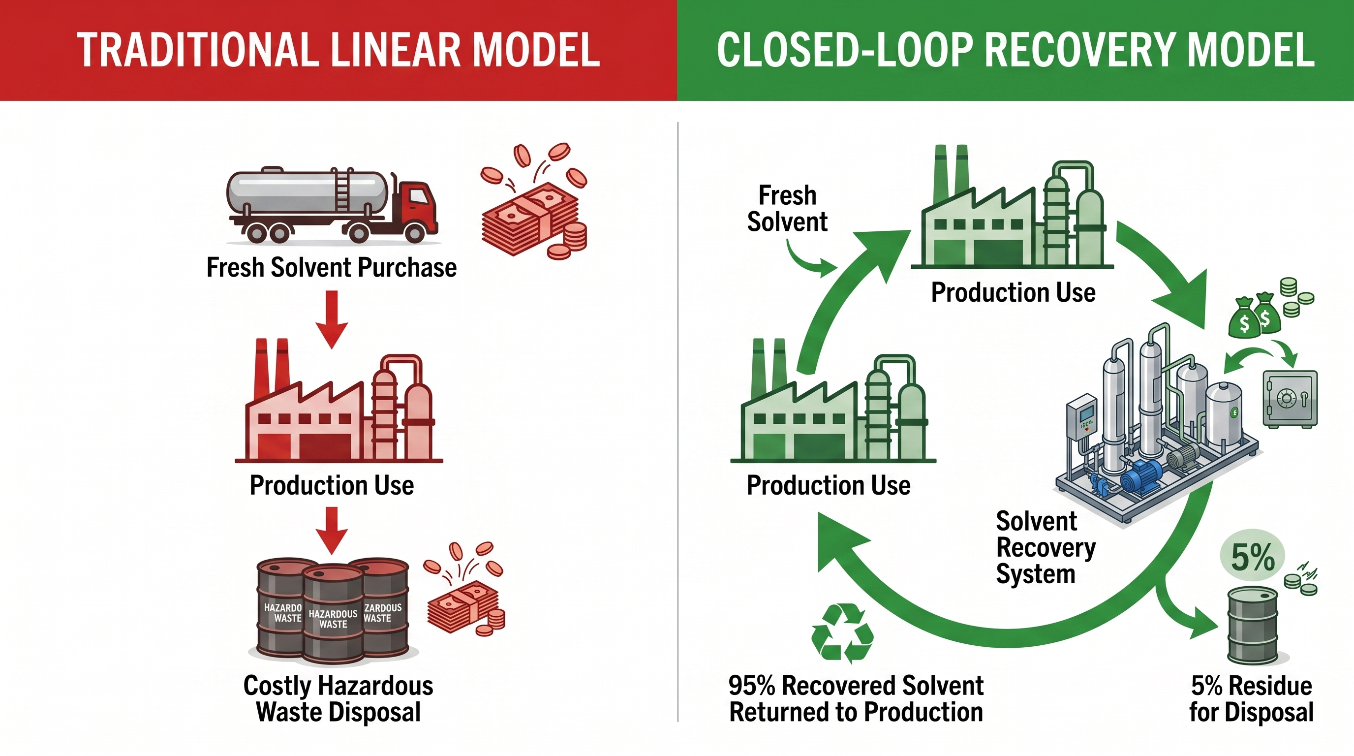 Infographic comparing traditional solvent disposal with closed-loop solvent recovery in a chemical plant, showing most recovered solvent returning to production and only a small residue sent for disposal.