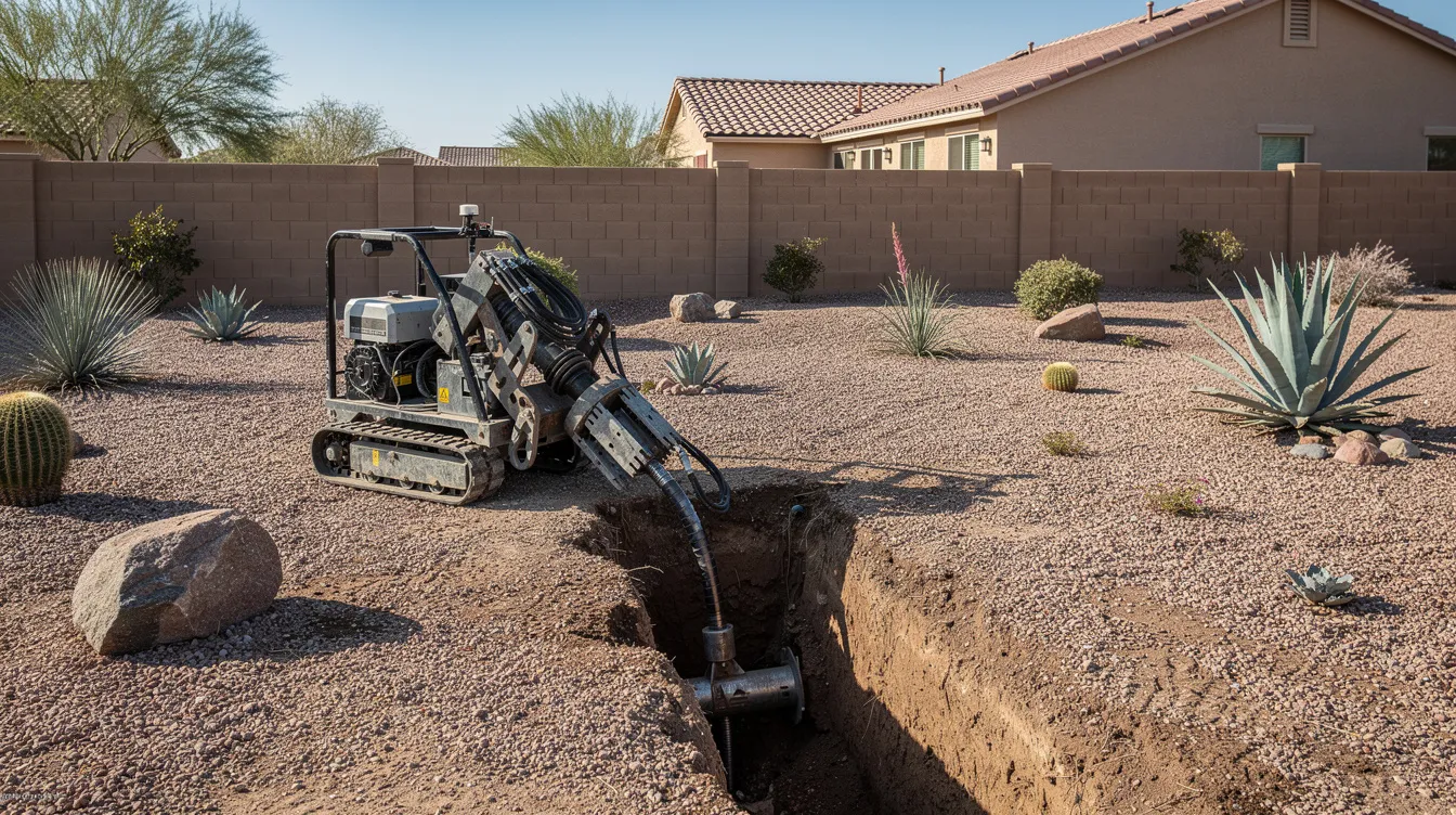 A compact pipe bursting machine is positioned at a trench access point in a residential backyard featuring desert landscaping. This setup indicates a plumbing company is addressing potential plumbing issues, such as a burst pipe, to provide reliable and professional service to homeowners in the area.