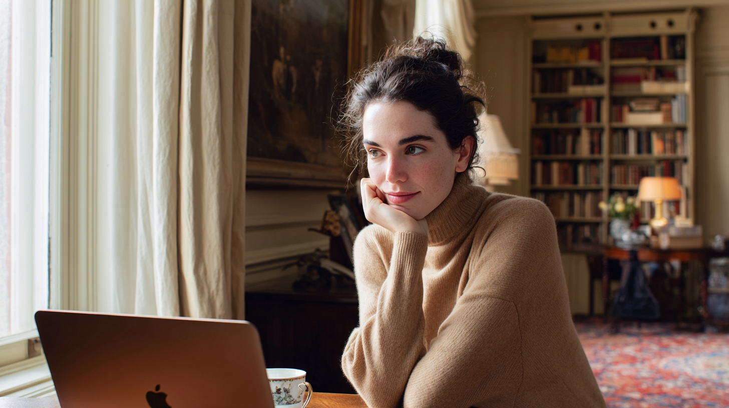 Young woman in her late 20s in an Upper West Side prewar home study during an online EFT session, representing the consistent weekly therapy that becomes possible for high-achieving NYC professionals when the format fits their lives.s.