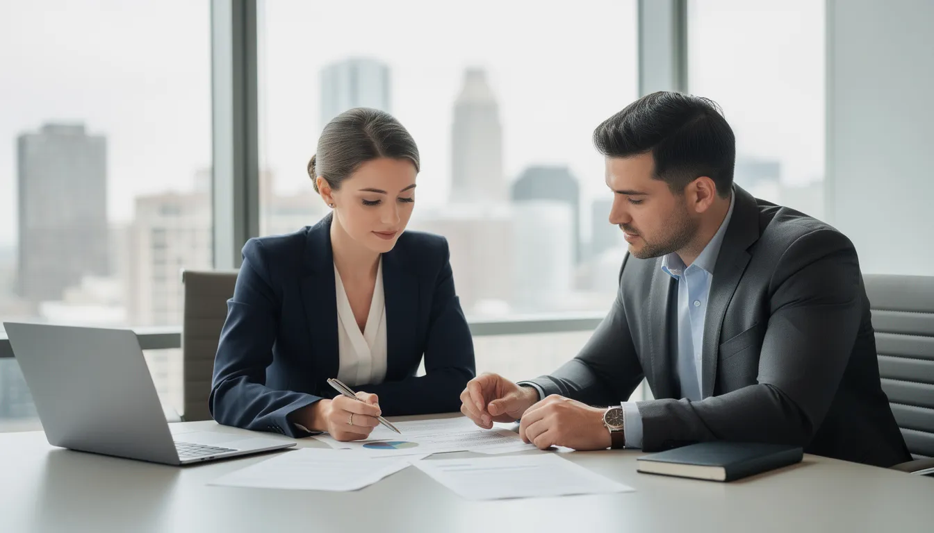 The image depicts two professionals, likely medical malpractice attorneys, engaged in a meeting as they review important paperwork related to medical malpractice claims. They appear focused and collaborative, suggesting a discussion about legal strategies for injured patients seeking fair compensation for medical errors or negligence.