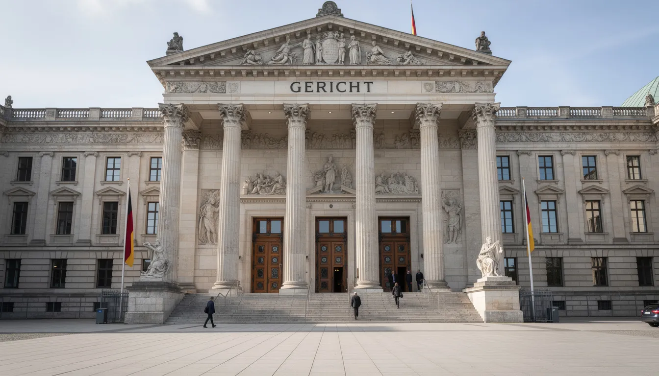 Das Bild zeigt ein majestätisches deutsches Gerichtsgebäude mit klassischer Architektur, das von hohen Säulen flankiert wird. Die imposante Fassade und die symmetrische Gestaltung verleihen dem Gebäude ein Gefühl von Autorität und Tradition.