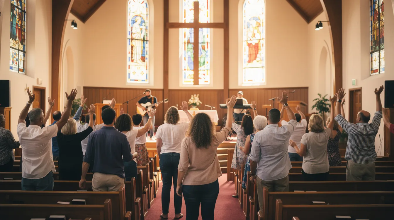 The image depicts a diverse group of people gathered in a church, engaging in worship and prayer, creating a sense of emotional closeness and spiritual intimacy. This setting highlights their shared faith and commitment to building healthy relationships that glorify God.