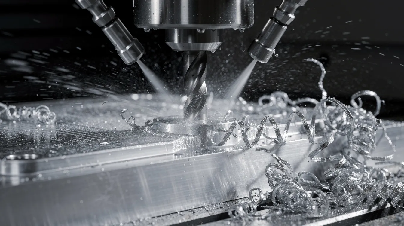 A close-up view of a CNC milling machine showcases a rotating cutting tool engaged in the machining process, cutting through an aluminum workpiece while coolant sprays to manage heat and metal chips scatter in the air. This image highlights the precision and efficiency of modern CNC machining technology in producing complex parts.