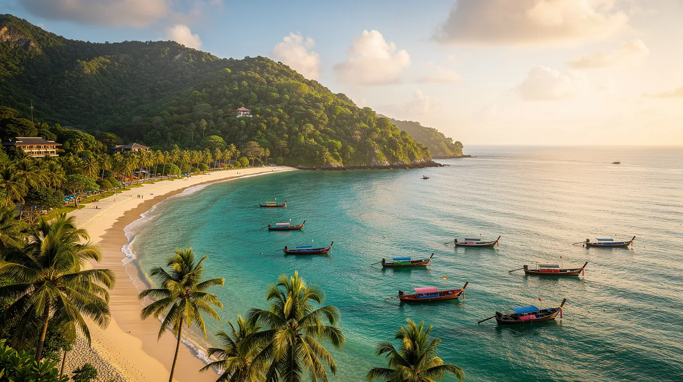A imagem retrata uma bela vista de Phuket, na Tailândia, durante o verão, com águas cristalinas e praias de areia branca cercadas por imponentes paredões de rocha. O cenário é ideal para turistas que buscam relaxar e explorar as ilhas, como Phi Phi Don e Phi Phi Leh, famosas por sua vida marinha e belezas naturais.