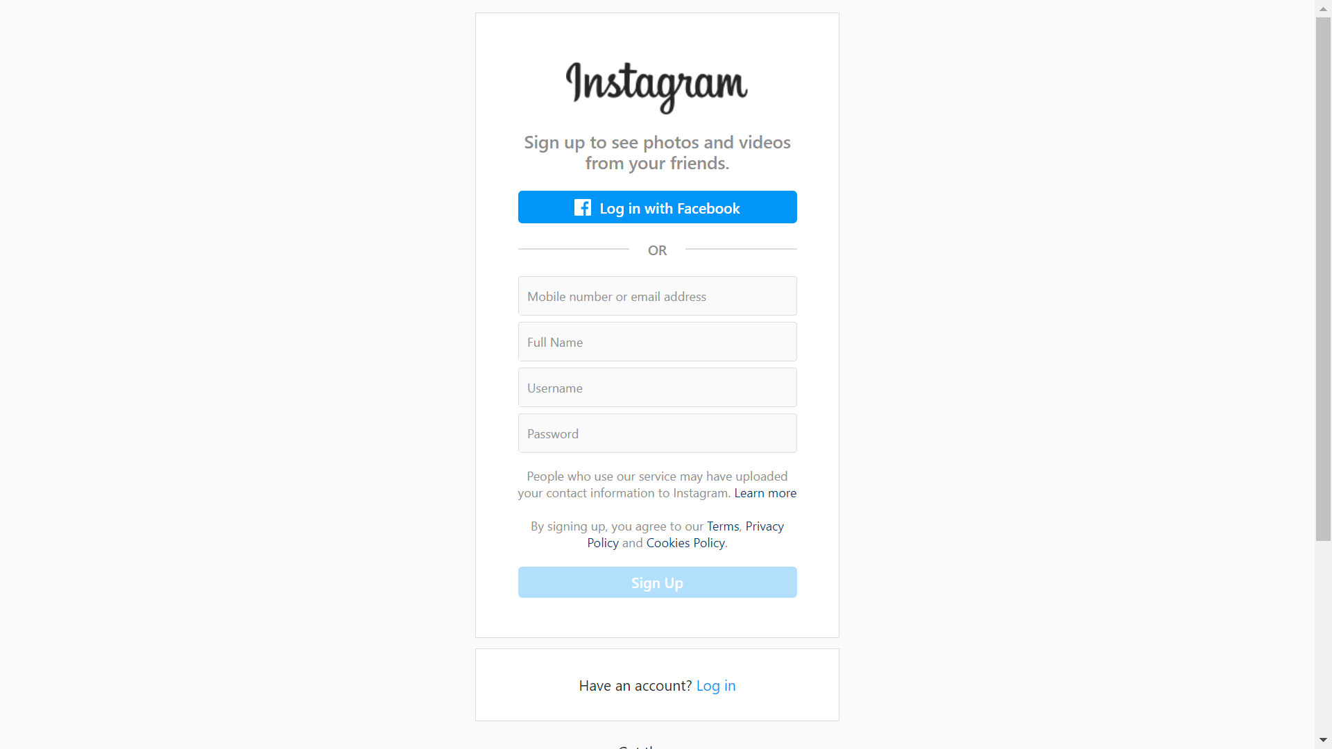 Instagram app sign up page screenshot