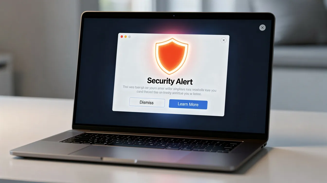 The image shows a laptop screen displaying a security warning notification, featuring a shield icon, indicating potential risks associated with online banking and financial transactions. This alert emphasizes the importance of fraud protection for account holders when managing their bank accounts and transferring funds.