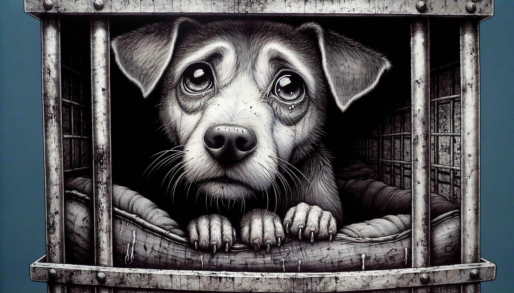 Illustration of a neglected dog in a puppy mill