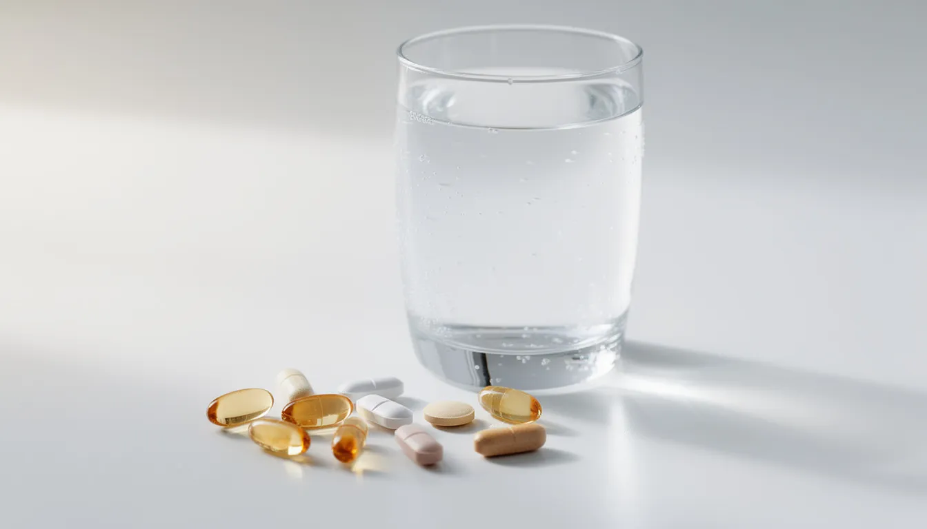 The image features a clear glass of water placed on a clean white surface, accompanied by a few colorful supplement capsules, suggesting a focus on dietary supplements like creatine that may enhance muscle growth and performance. This setup highlights the importance of hydration and supplementation in supporting muscle recovery and overall physical fitness.