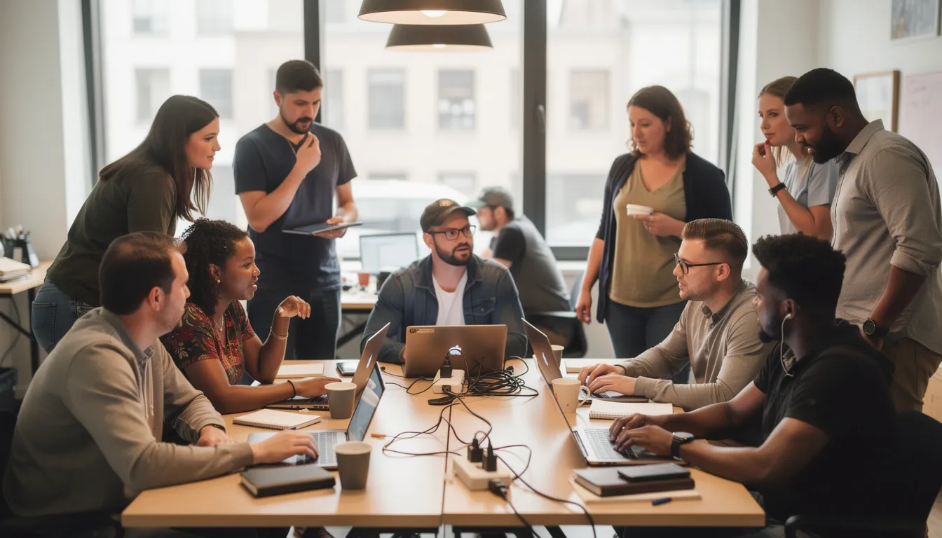 A diverse group of people is gathered around laptops during a community workshop, engaging in discussions about digital technology and the implications of AI regulations on individual freedom and economic growth. The atmosphere is collaborative as attendees explore the right to compute and the impact of state legislation on computational resources and AI systems.