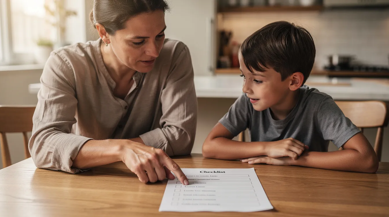 A parent and child are sitting together at a table, with the parent pointing at a checklist while the child appears engaged and attentive. This scene reflects a supportive environment that can enhance cognitive activities and improve focus, crucial for students, especially those who may struggle with attention in academic settings.