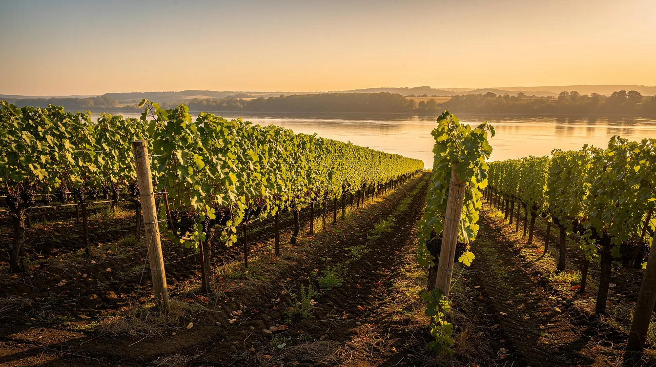 The image depicts vineyard rows beautifully lined along a river levee during golden hour, with warm light reflecting off the water and casting a soft glow on the green vine canopy. This picturesque scene captures the essence of the Sacramento wine country, inviting visitors to savor the charm of award-winning wineries and artisanal wines.