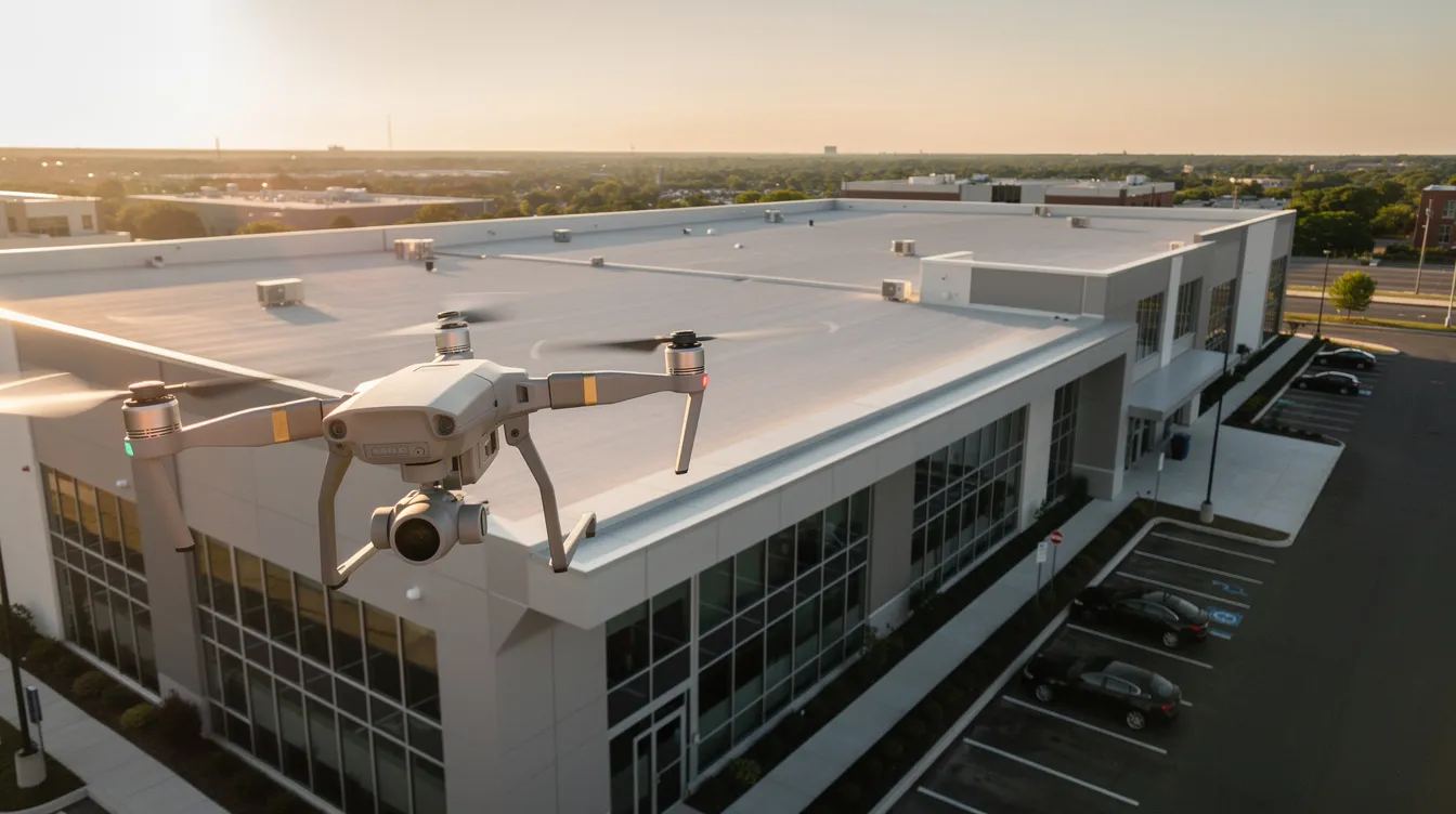 A drone is flying over a commercial building, capturing aerial footage that showcases the property from a unique perspective, ideal for use in a tv commercial production. This dynamic visual element can enhance the effectiveness of the ad campaign by providing engaging content for the target audience.