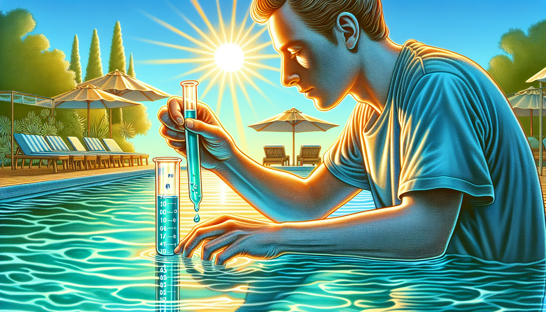 Illustration of a person testing and adjusting pH levels in pool water