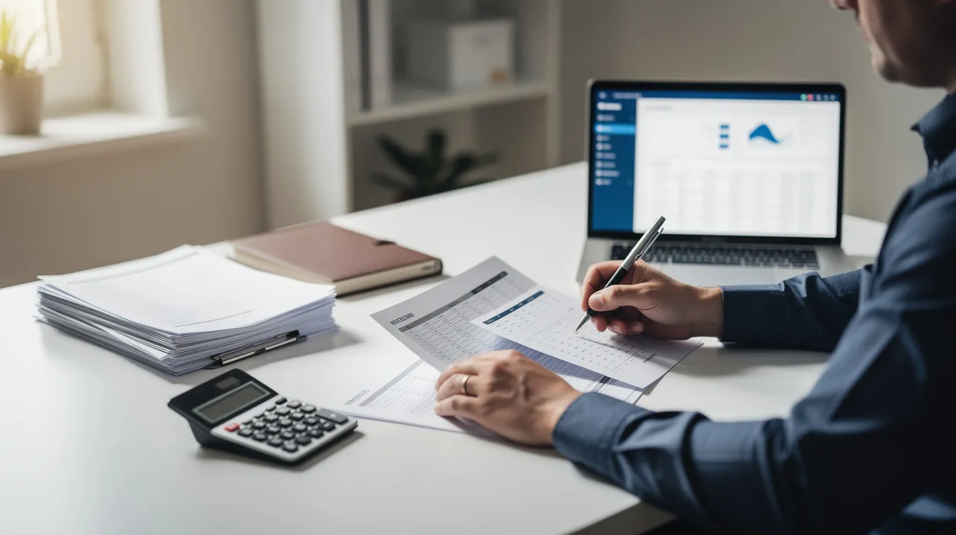 A business owner is seated at a clean desk, reviewing financial documents with a calculator and laptop in front of them. The scene suggests a focus on managing cash flow and understanding multiple MCA agreements, highlighting the importance of financial diligence for small businesses.