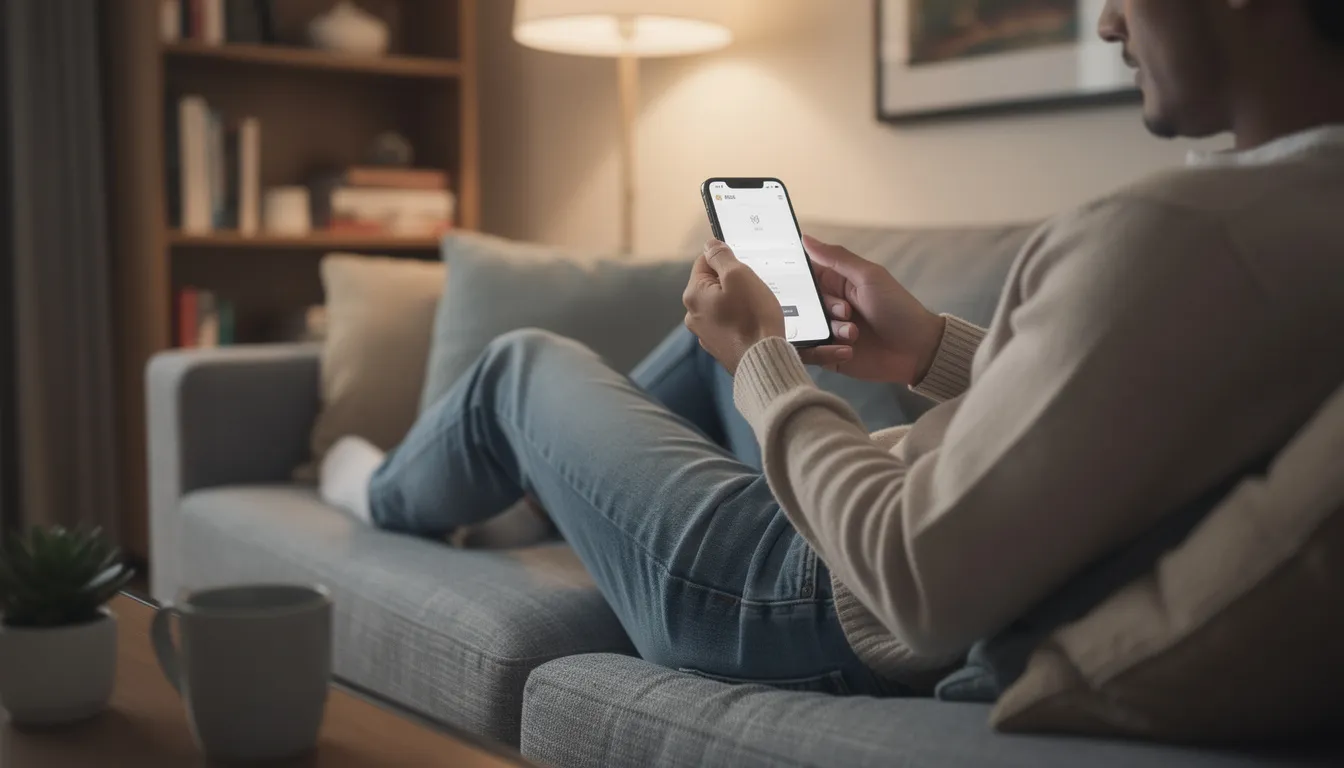A person is sitting comfortably on a couch, browsing a website on their smartphone, illustrating how small business owners can utilize a website builder to create a professional website. This scene captures the ease of access to web development tools and online resources for managing a business website from the comfort of home.