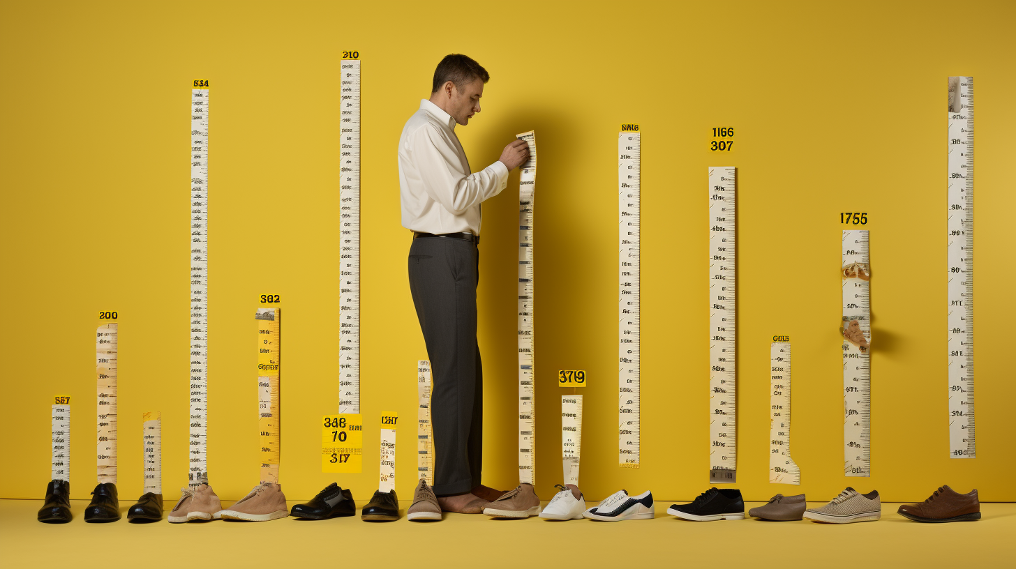 Man standing amongst various of shoes with measurement tapes