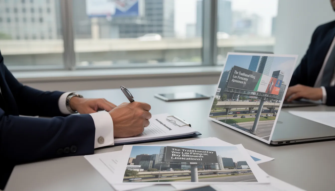 The image depicts a close-up of hands holding a contract and a pen, symbolizing a lawyer's decision to invest in billboard advertising for their law firm. The focus is on the hands, emphasizing the traditional approach to legal marketing and the potential limitations it may have in reaching accident victims and generating leads for personal injury attorneys.