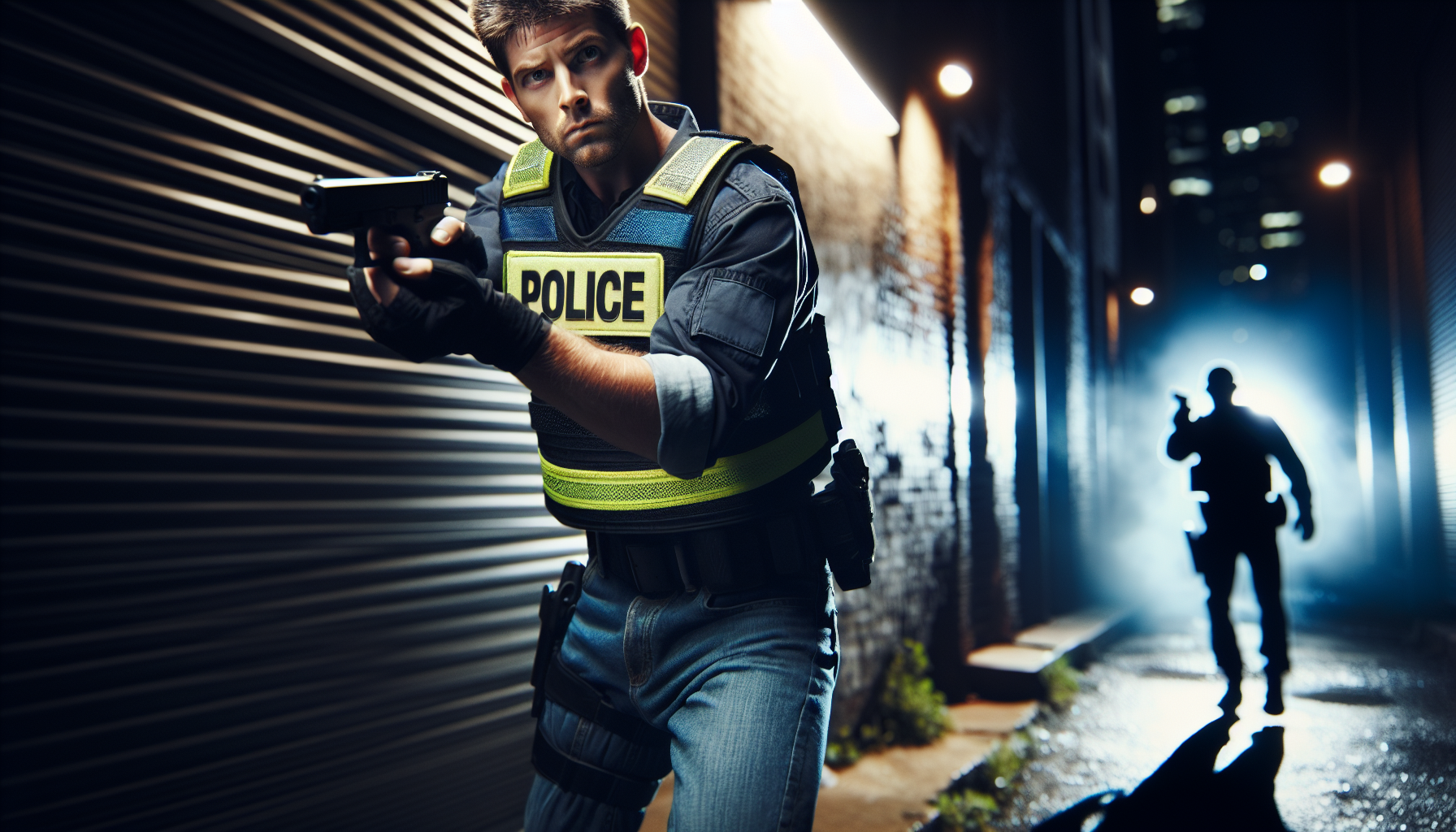 Police officer in action during a night shooting