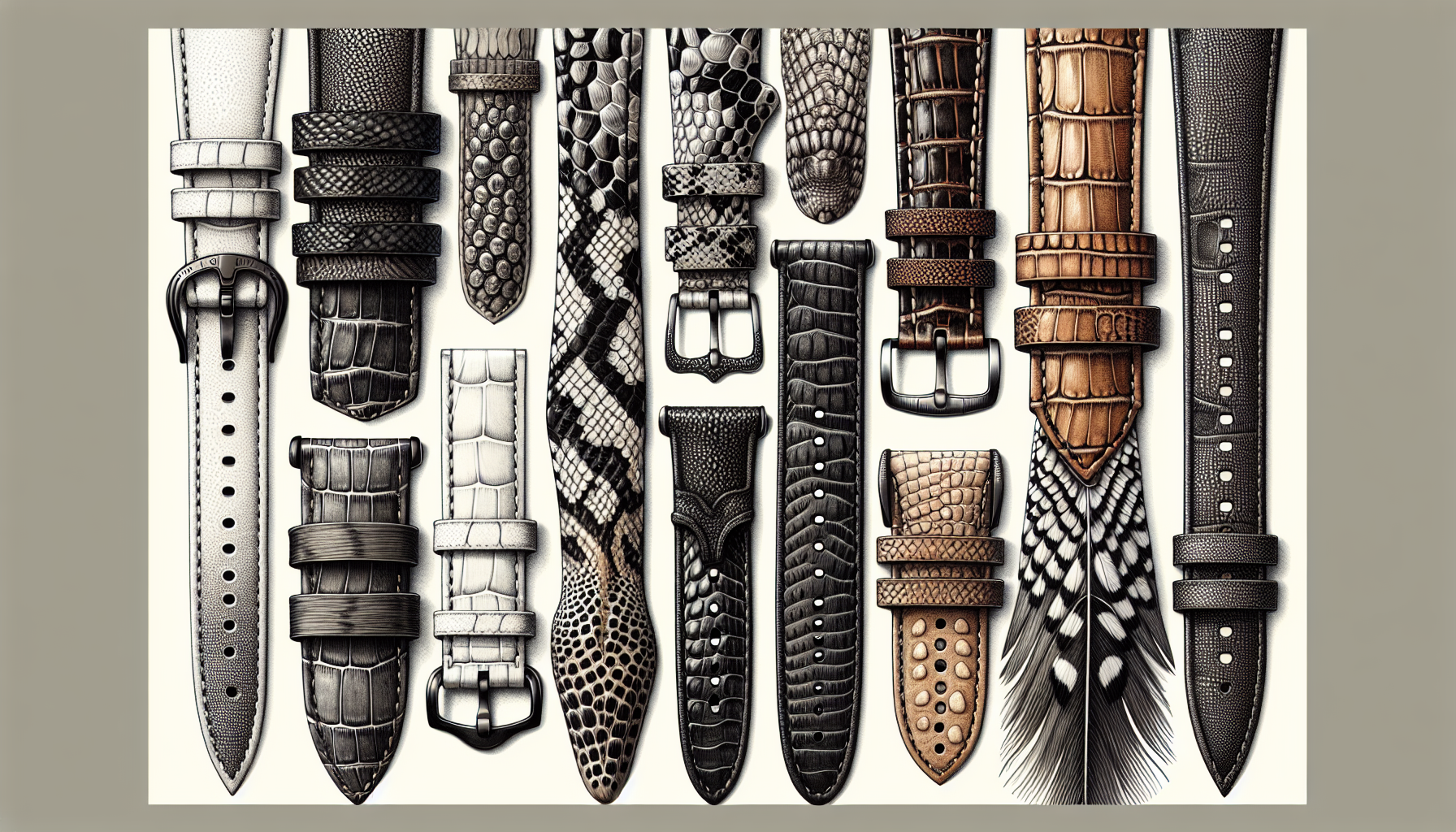 Variety of leather watch bands including calfskin, alligator, crocodile, ostrich, snake, and buffalo