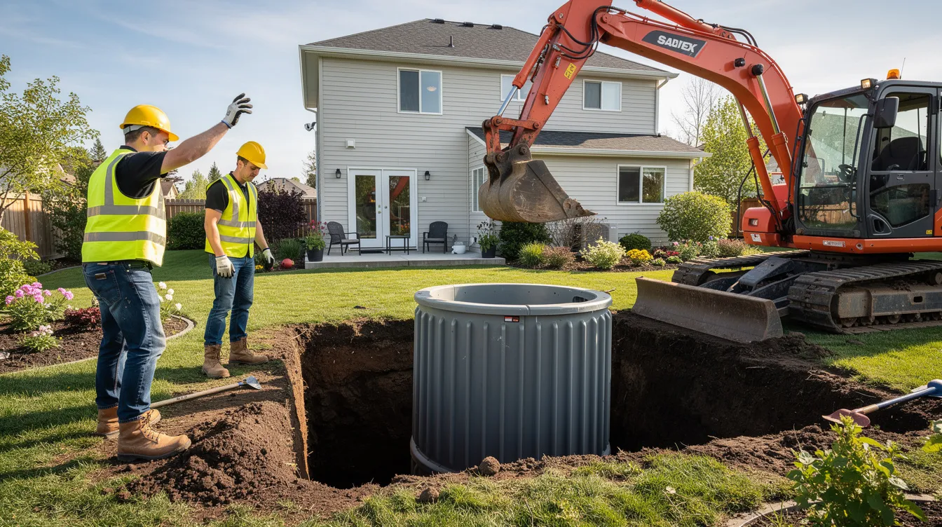 Un excavateur abaisse une grande cuve en plastique cylindrique dans un trou rectangulaire creusé dans un jardin résidentiel, tandis que des travailleurs en casques supervisent l'opération. Cette installation fait partie d'un système de récupération d'eau de pluie, essentiel pour l'utilisation de l'eau de pluie dans le jardin et pour d'autres usages domestiques.