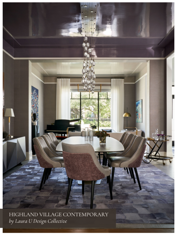 Chic dining room with a high-gloss plum ceiling, layered lighting, a light oval dining table surrounded by mauve and taupe chairs, contemporary art, and floor-to-ceiling windows bringing in natural light.