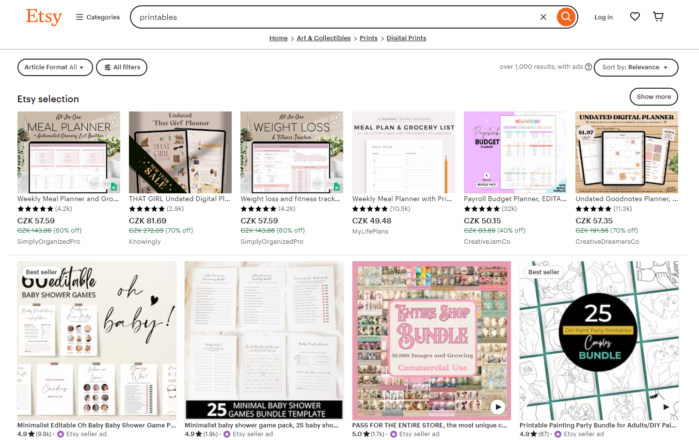 Various digital printables including planners and wall art