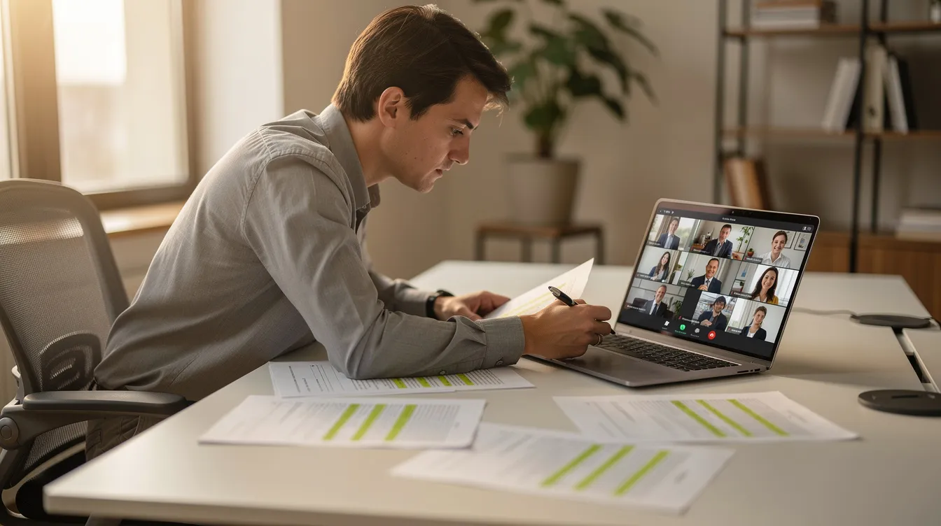 The image shows a person sitting at a desk, focused on reviewing documents on their laptop while participating in a video call. This scene captures the essence of navigating the bankruptcy process, possibly discussing important topics such as Wyoming bankruptcy exemptions or strategies for managing credit card debt.