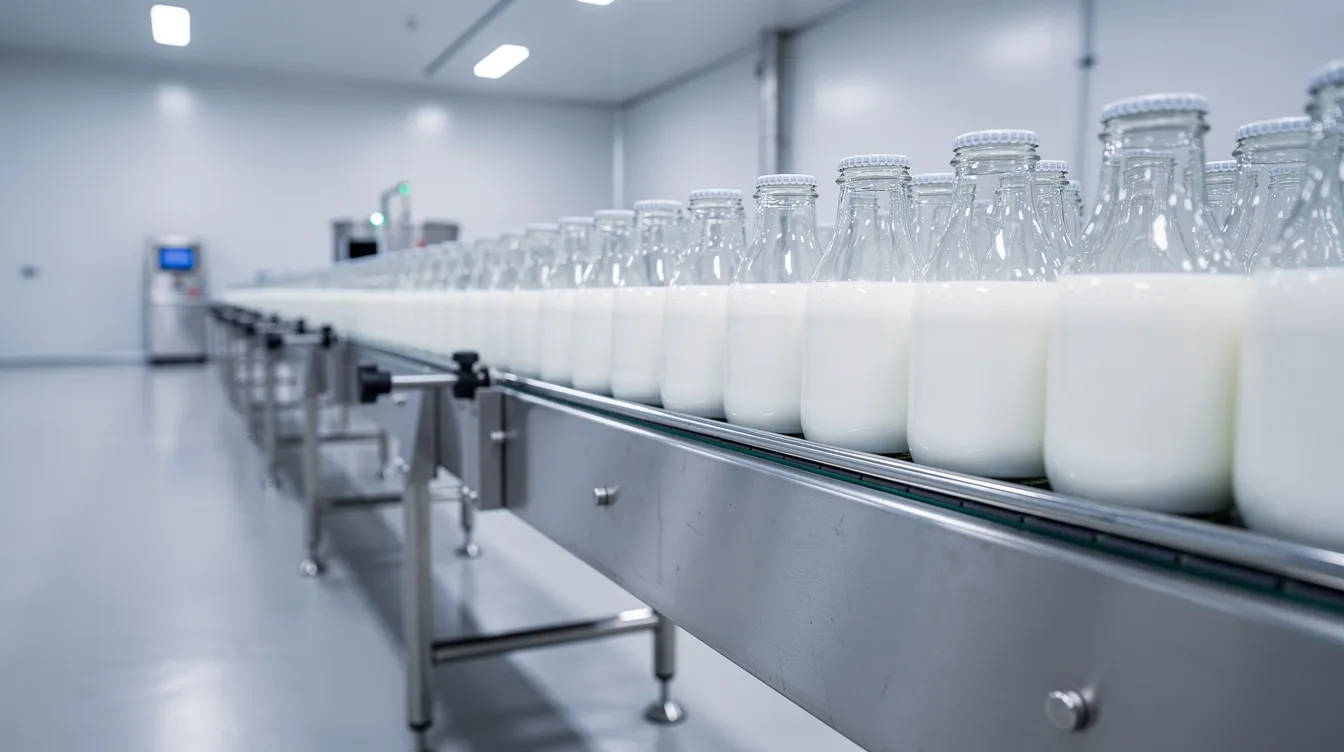 The image shows rows of filled milk bottles moving along a stainless steel conveyor belt in a bright packaging hall, highlighting the automated dairy processing equipment used in the dairy industry. This efficient production line is designed to support food safety and ensure the quality of the milk beverage products.