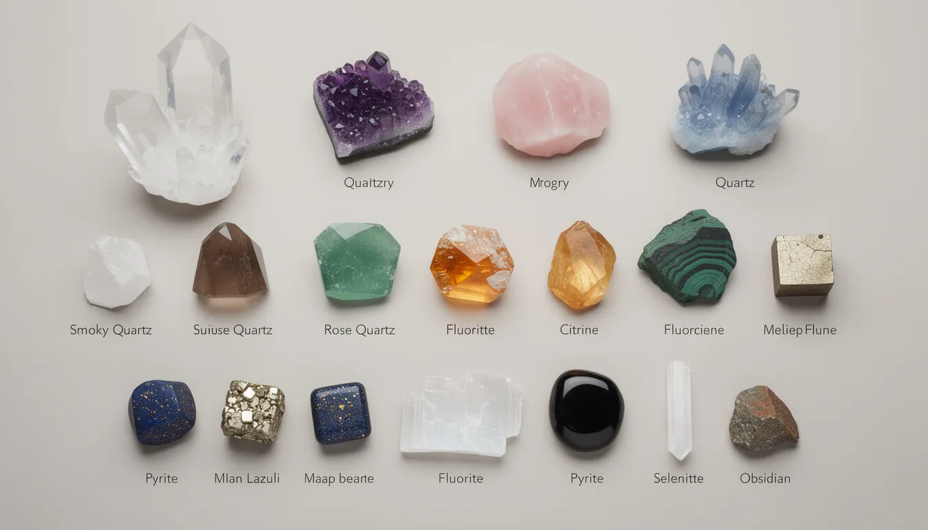 The image showcases a vibrant collection of various natural crystals, including amethyst, lapis lazuli, agate, jasper, and quartz, arranged artistically to highlight their unique colors and textures. This display emphasizes the beauty and healing properties of these stones, inviting viewers to explore the world of crystals and discover their potential benefits.