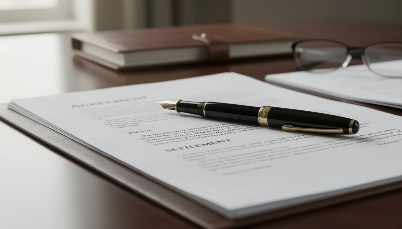 The image depicts a collection of professional legal documents alongside a fountain pen on a polished wooden desk, symbolizing the legal process involved in estate mediation and dispute resolution. This setting suggests the importance of legal guidance in resolving complex estate disputes while maintaining family relationships.