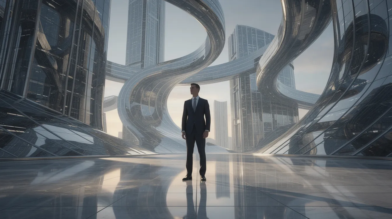 Ein Mann im Anzug steht in einer surrealen Architekturlandschaft, umgeben von sich biegenden Gebäuden und spiegelnden Oberflächen, die an die Traumwelt aus dem Film "Inception" erinnern. Die Architektur vermittelt ein Gefühl von Science-Fiction und verwirrender Realität, während der Mann nachdenklich in die Ferne blickt.