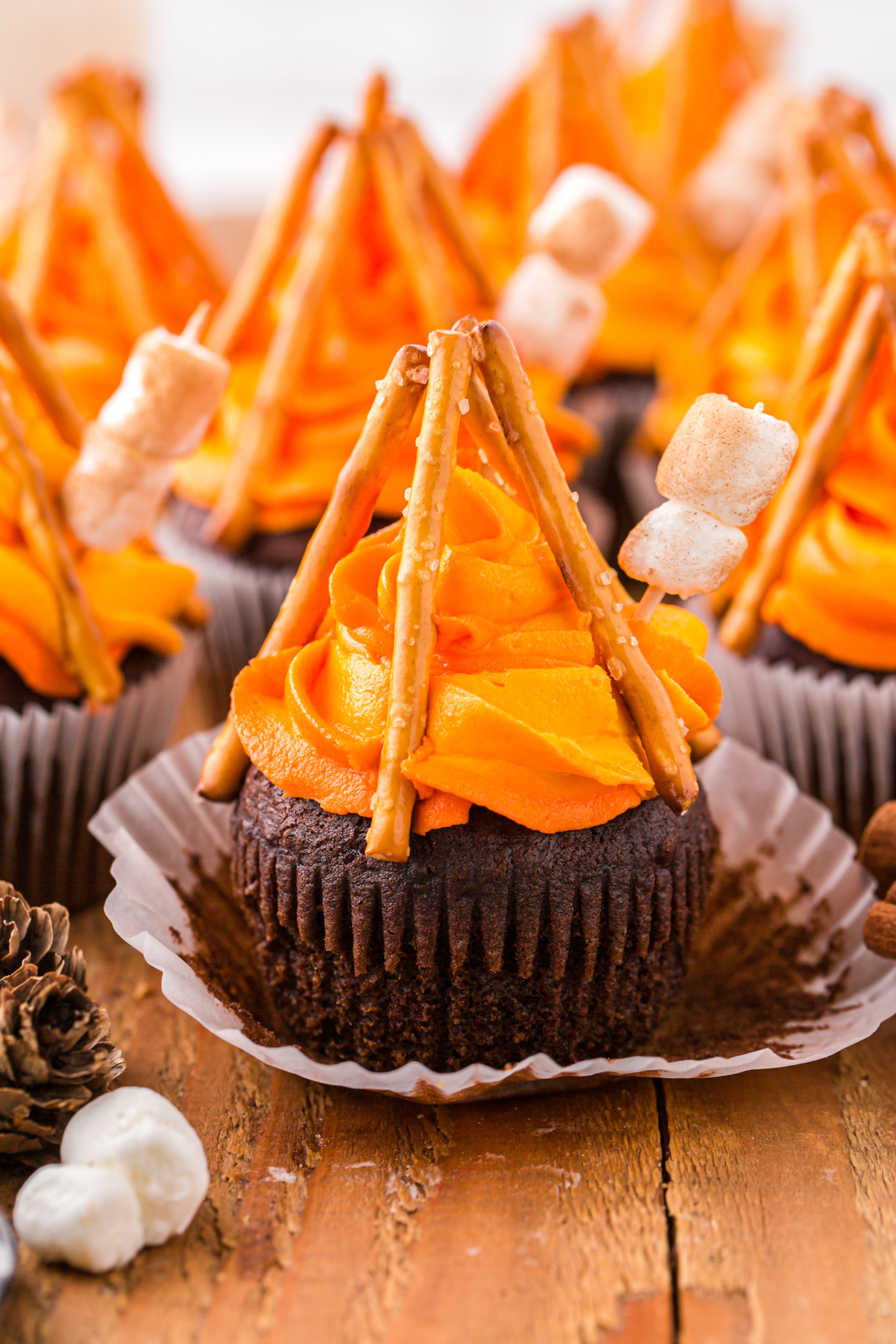 campfire cupcake with chocolate liner peeled back