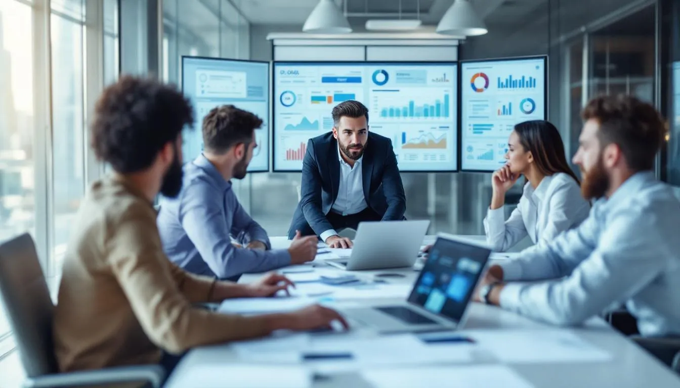 A professional team is gathered around multiple computer screens, analyzing pool marketing analytics to enhance their strategies for the pool industry. The atmosphere is focused and collaborative, as they work to improve online visibility and generate high-quality leads for pool service companies and builders.