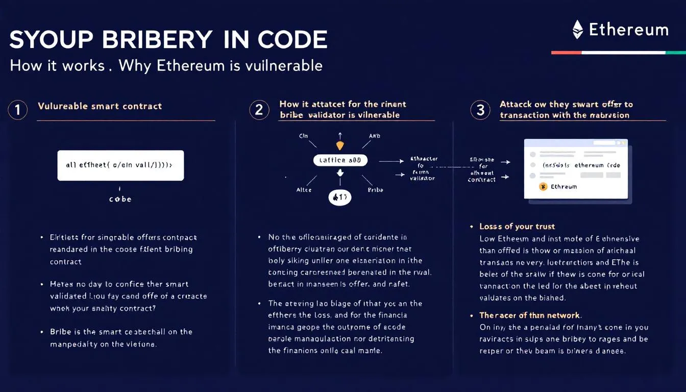 The image depicts a conceptual diagram illustrating the vulnerabilities of Ethereum smart contracts and how bribery in code can impact blockchain networks. It highlights the critical aspects of smart contract code, potential risks from malicious actors, and the implications of automated execution within the blockchain ecosystem.