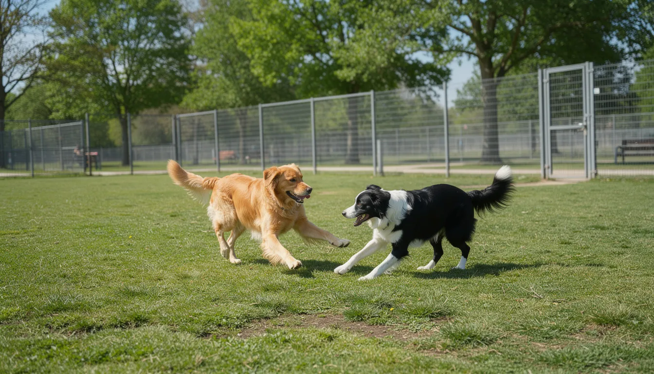Two dogs, one small and one large, are joyfully playing together in a spacious fenced grassy area at the Walton County Dog Park in Santa Rosa Beach, FL, surrounded by shade trees. The scene captures the essence of fun and exercise for furry friends, as they enjoy the fresh air and socialize in this safe and clean environment.