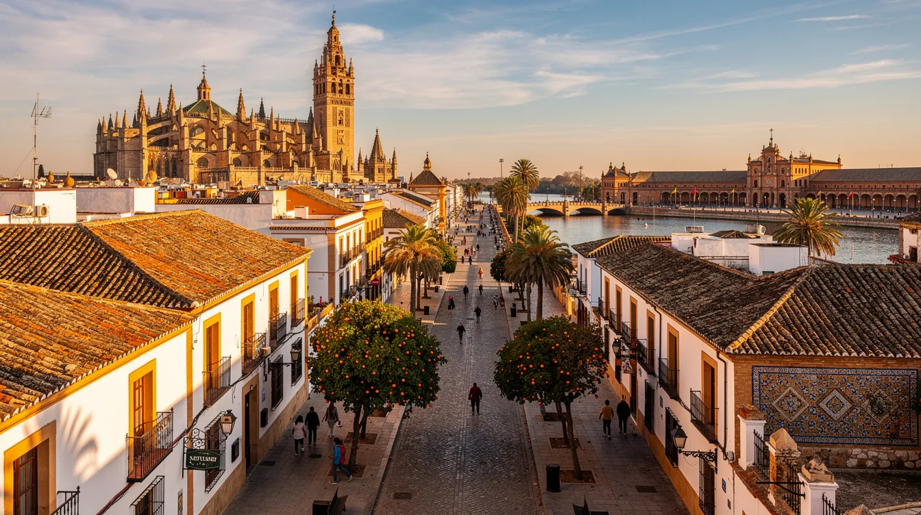 A imagem mostra uma vista panorâmica do centro histórico de Sevilha, na Espanha, destacando seus edifícios antigos e ruas charmosas. A cidade é conhecida por sua rica história, cultura vibrante e clima ameno, tornando-se um destino popular para turistas que buscam explorar suas atrações.